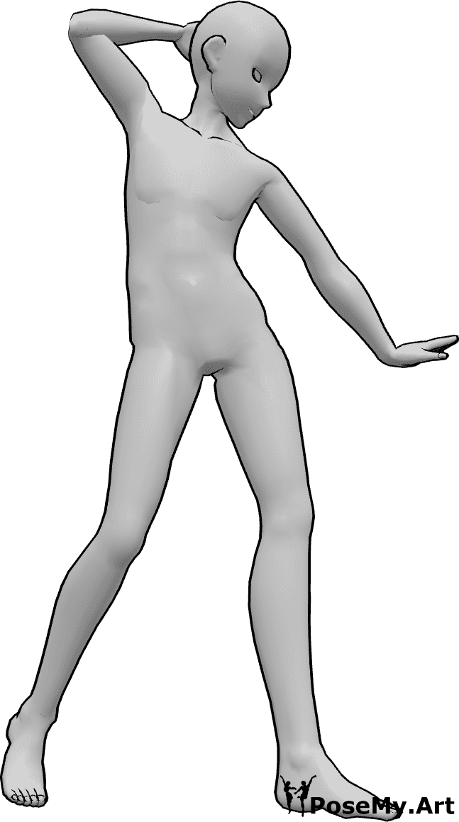 Referência de poses- Pose de dança masculina de anime - Homem anime está a dançar e a fazer pose, levantando a mão e olhando para baixo, pose de dança anime
