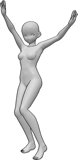 Référence des poses- Pose de danse du ventre Anime - Une femme animée fait de la danse du ventre en levant les mains et en regardant vers l'avant.