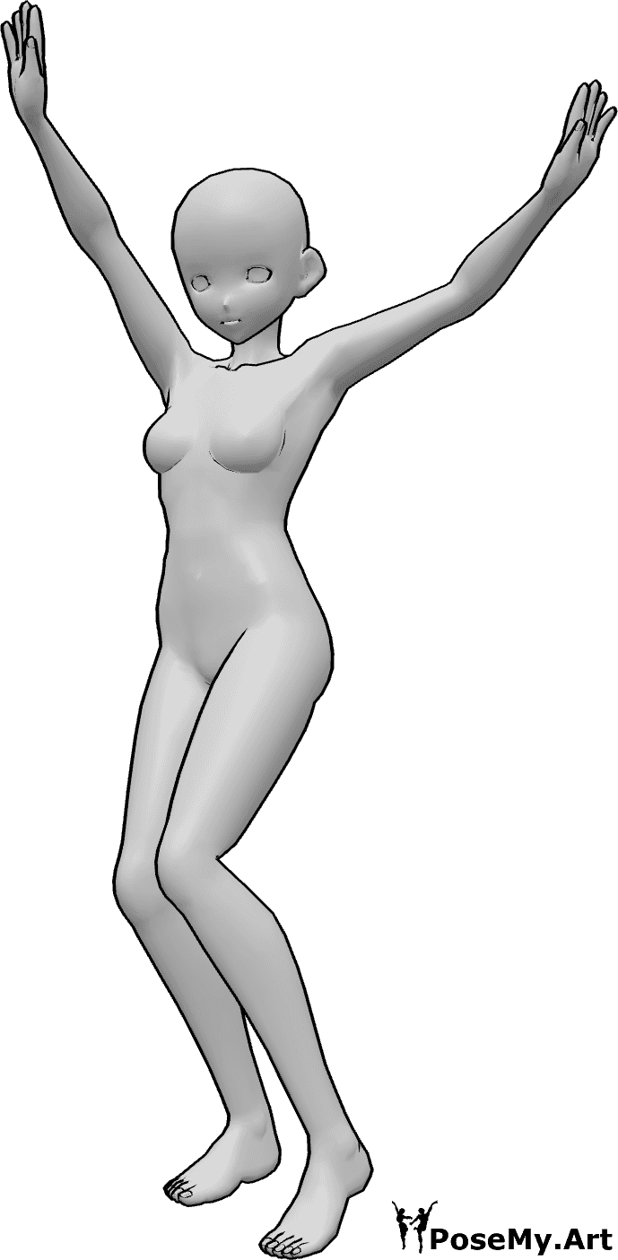 Referência de poses- Pose de dança do ventre de anime - Uma mulher anime está a dançar a dança do ventre, levantando as mãos e olhando para a frente