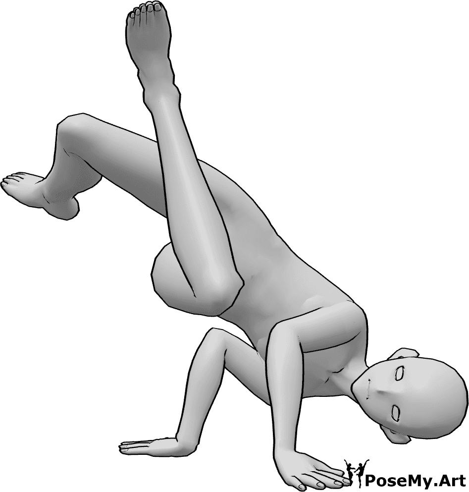 Posen-Referenz- Anime Breakdance-Pose - Anime-Männchen tanzt Breakdance, Handstand und posiert mit gekreuzten Beinen in der Luft