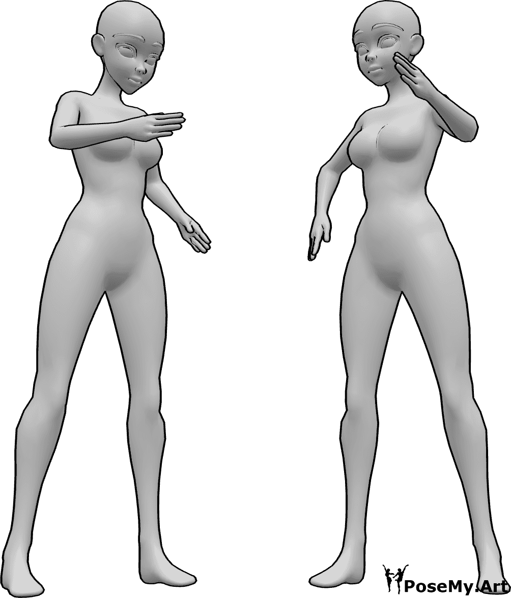 Referência de poses- Pose de dança de robô de anime - Duas mulheres de anime estão a dançar com robôs, pose de dança de robô de anime