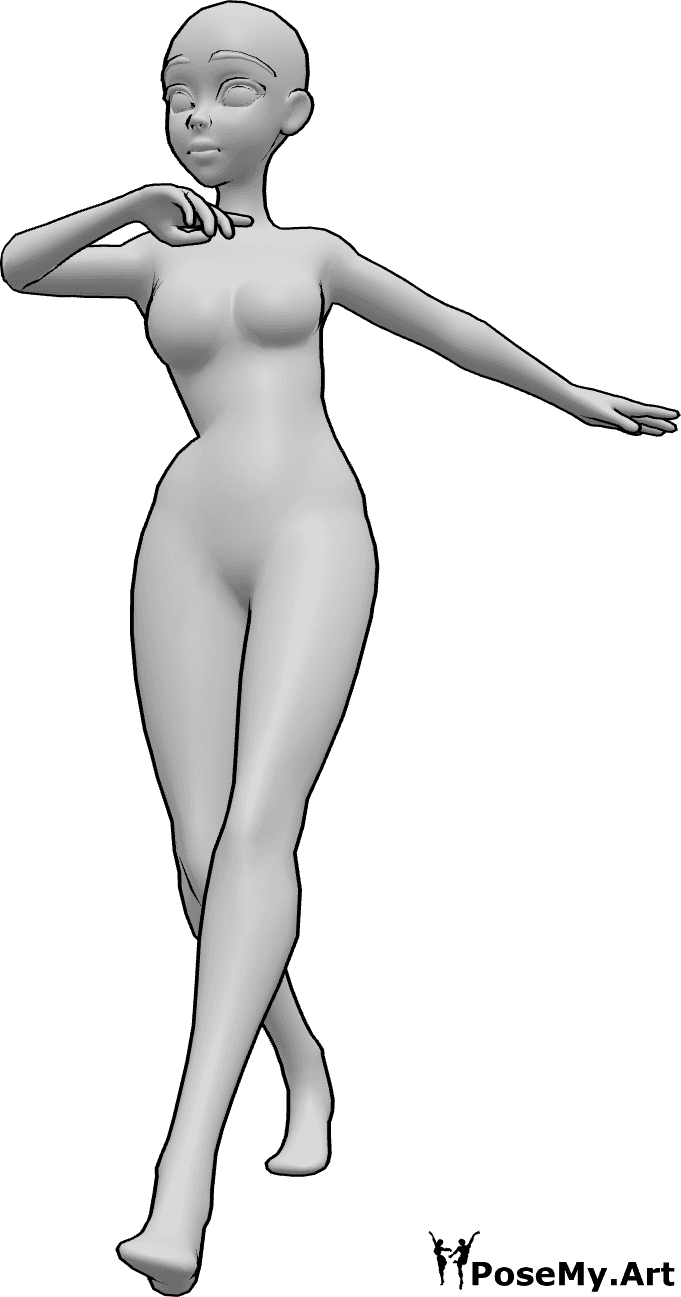 Referência de poses- Dança hiphop de anime - A mulher anime está a dançar hiphop, movendo a perna esquerda e levantando as mãos