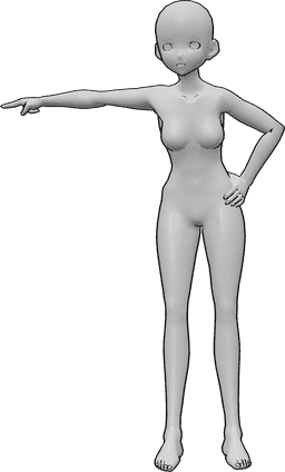Référence des poses- Pose de pointage en colère - Une femme animée en colère se tient debout, la main gauche sur la hanche, et pointe sa main droite vers la droite.