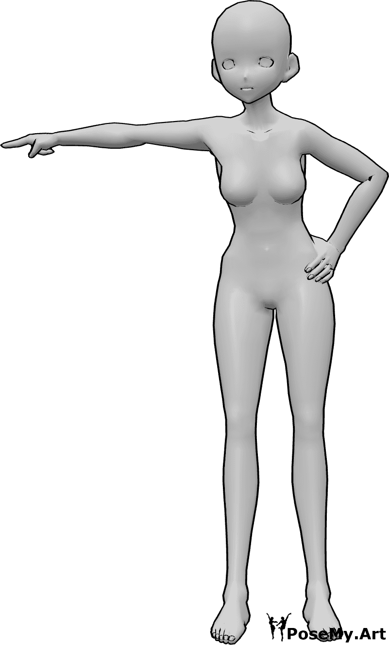 Referencia de poses- Postura de enfado - Mujer anime enfadada está de pie con la mano izquierda en la cadera y señalando a la derecha con la mano derecha