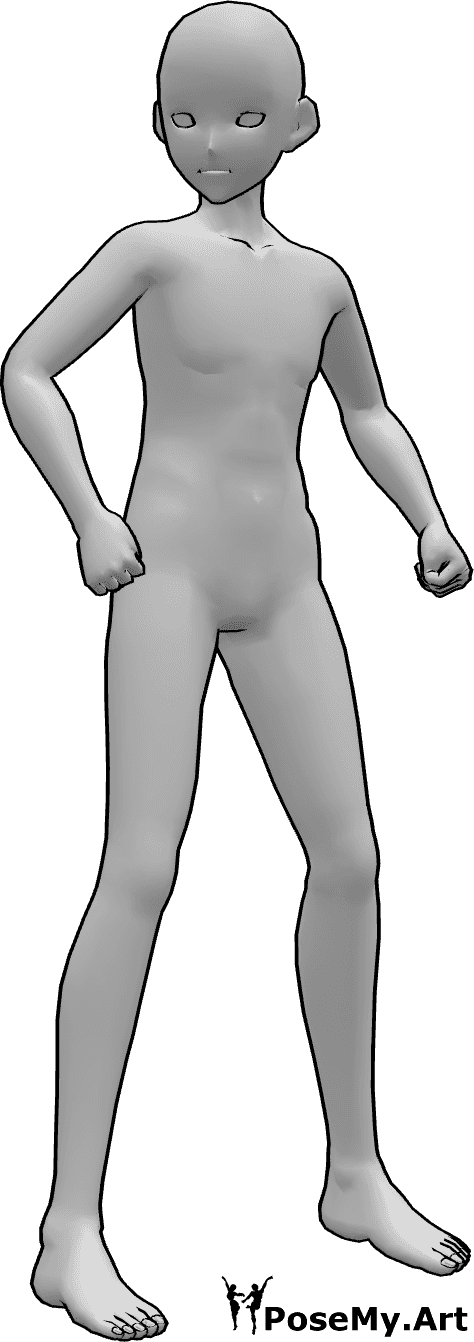 Posen-Referenz- Wütende Pose mit geballten Fäusten - Wütendes Anime-Männchen steht mit zu Fäusten geballten Händen und schaut nach rechts
