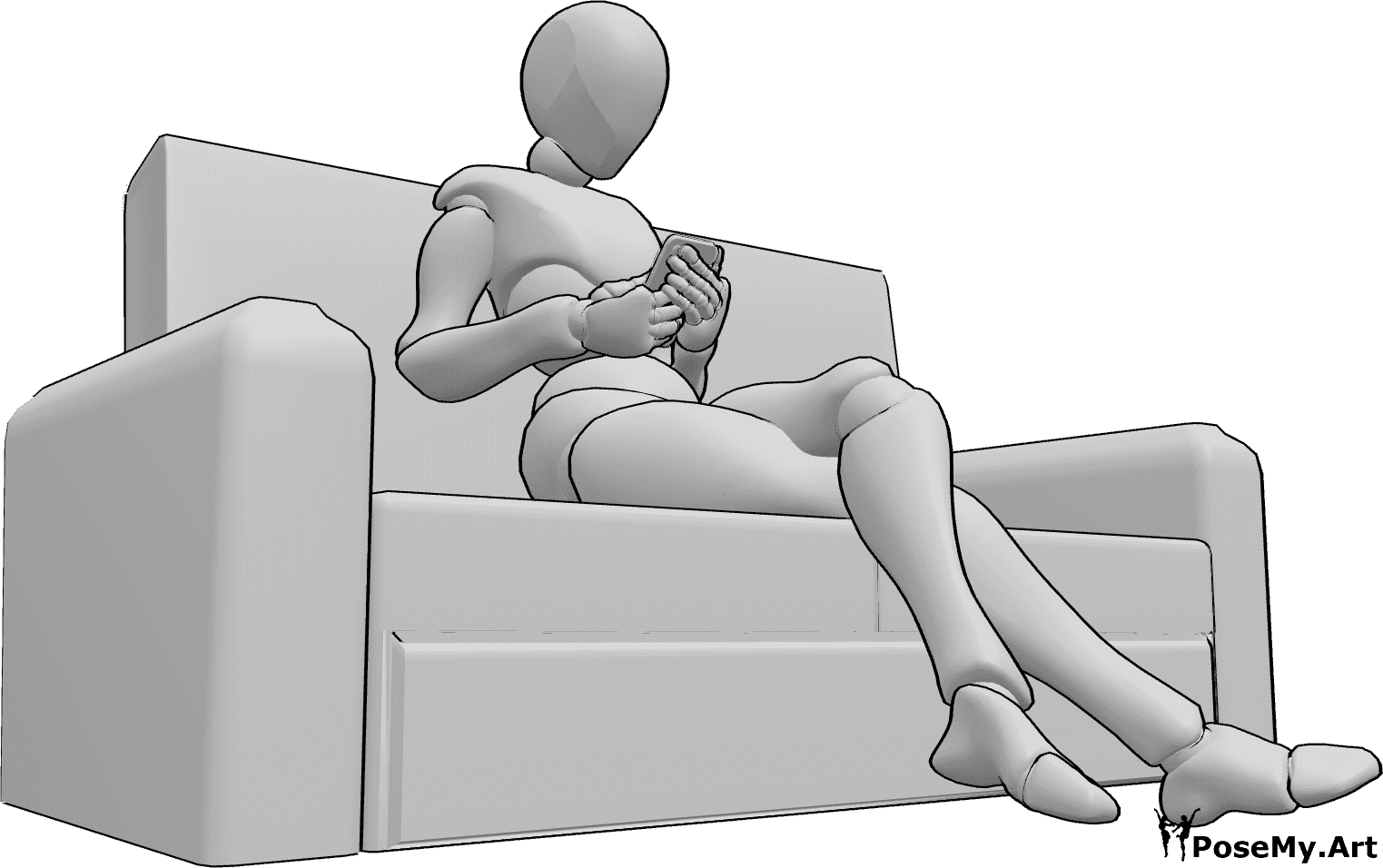 Referencia de poses- Postura sentada sosteniendo el teléfono - Mujer sentada con las piernas cruzadas en el sofá, sosteniendo su teléfono con ambas manos.