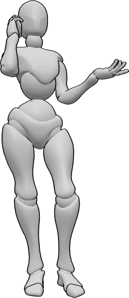 Referencia de poses- Postura de llamada femenina - Mujer de pie, sosteniendo el teléfono con la mano derecha y hablando, explicando con la mano izquierda