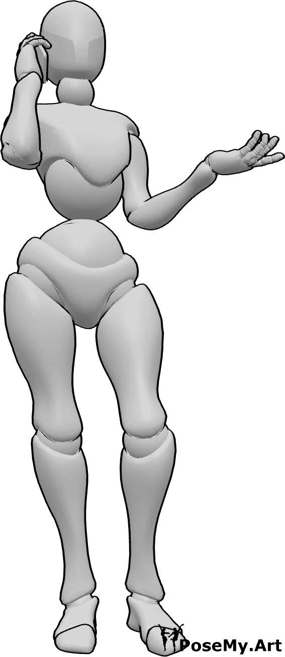Referencia de poses- Postura de llamada femenina - Mujer de pie, sosteniendo el teléfono con la mano derecha y hablando, explicando con la mano izquierda