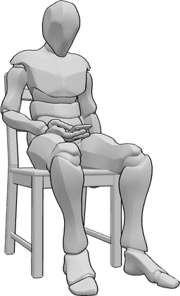 Référence des poses- Assis, téléphone en main - L'homme est assis confortablement sur la chaise et tient le téléphone dans sa main droite.
