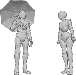 Referência de poses- Mulher sem pose de guarda-chuva - O homem está a segurar um guarda-chuva e a olhar para a mulher que está zangada