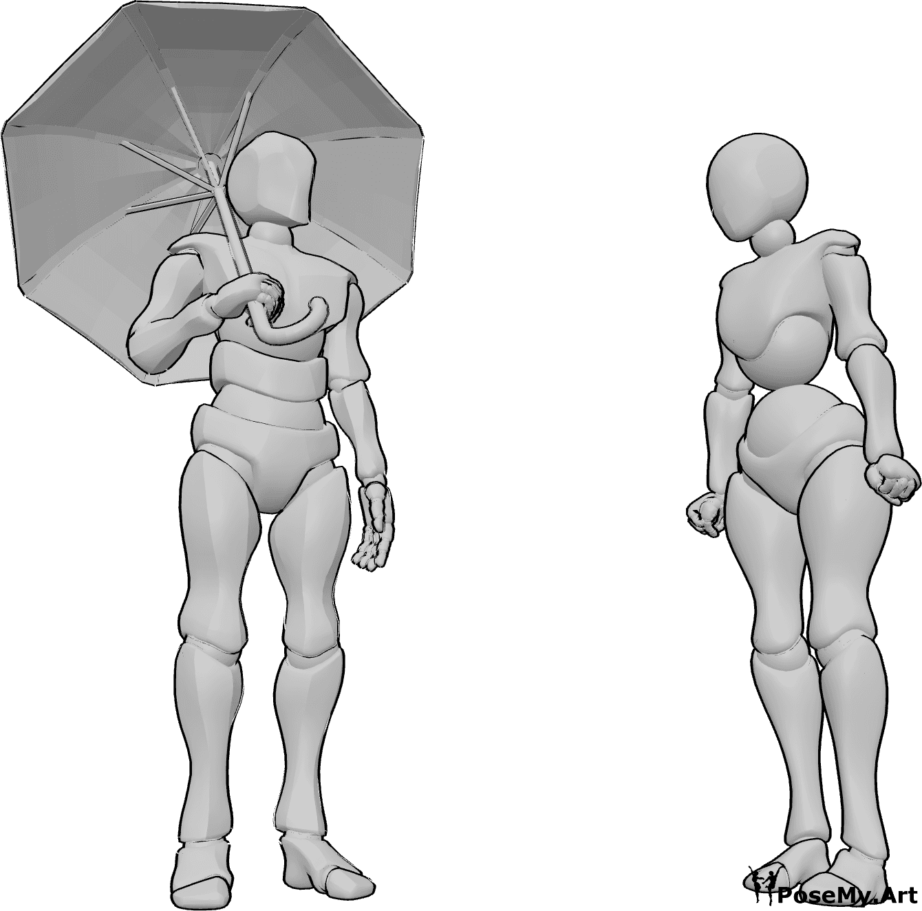Referência de poses- Mulher sem pose de guarda-chuva - O homem está a segurar um guarda-chuva e a olhar para a mulher que está zangada