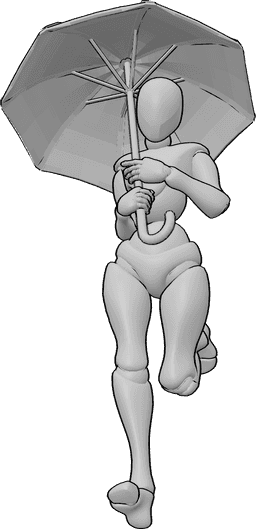 Posen-Referenz- Pfützen-Sprung-Pose - Frau hält einen Regenschirm und läuft, springt in eine Pfütze