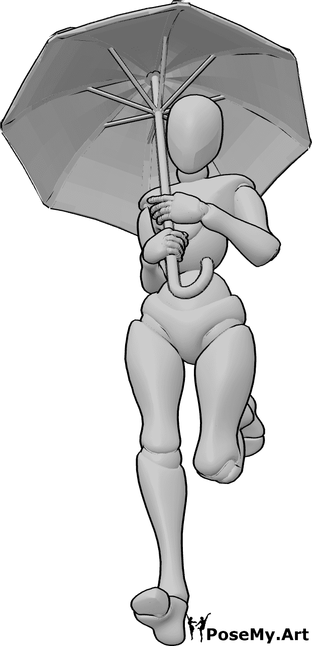 Referência de poses- Pose da poça saltitante - Mulher segura um guarda-chuva e corre, saltando para uma poça