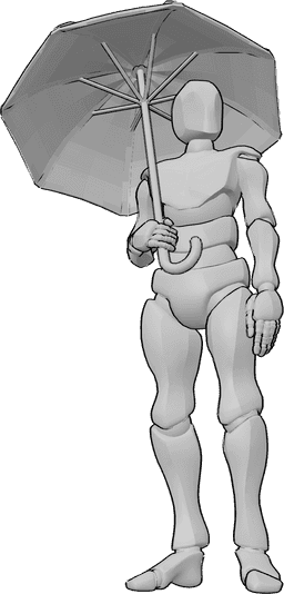 Referência de poses- Homem em pose de guarda-chuva - Homem de pé, com um guarda-chuva na mão direita e a olhar para a esquerda