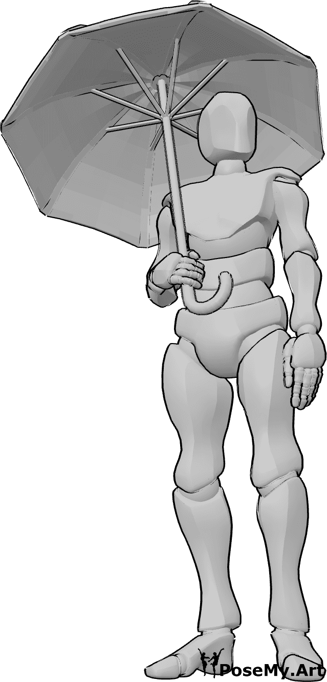 Referencia de poses- Hombre sosteniendo un paraguas - Hombre de pie, con un paraguas en la mano derecha, mirando a la izquierda.