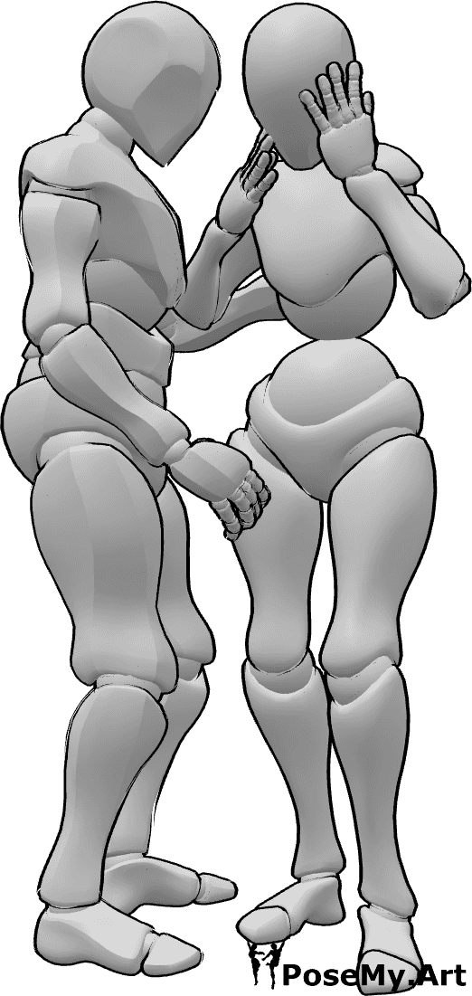 Posen-Referenz- Weinende weibliche männliche Pose - Das Weibchen weint, das Männchen hält sie