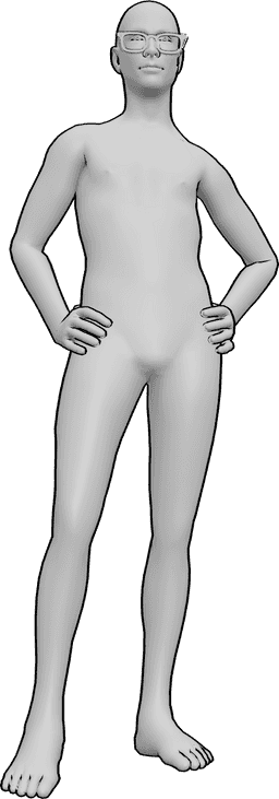 Référence des poses- Pose masculine avec lunettes - L'homme est debout, les mains sur les hanches, il porte des lunettes et regarde vers l'avant.