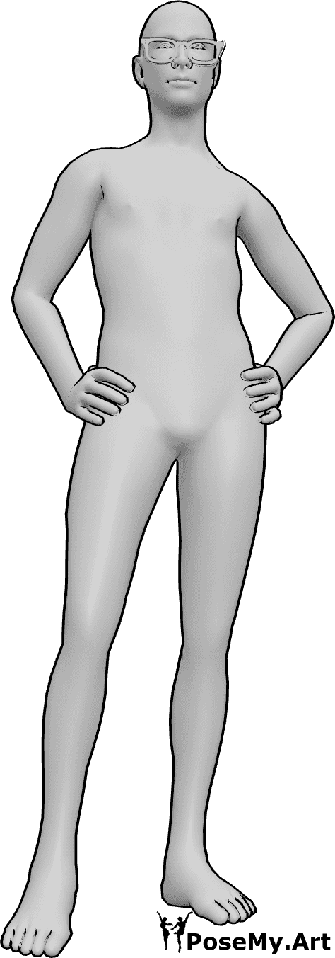 Référence des poses- Pose masculine avec lunettes - L'homme est debout, les mains sur les hanches, il porte des lunettes et regarde vers l'avant.