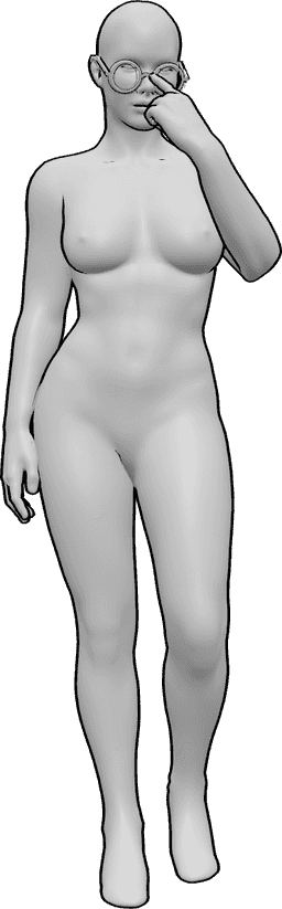 Pose Reference- Female round glasses pose - Female is standing, wearing glasses, pushing her glasses back with her index finger