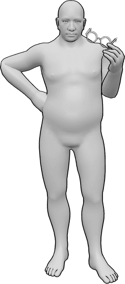 Référence des poses- Pose avec lunettes - L'homme trapu se tient debout, la main droite sur la hanche et tenant ses lunettes dans la main gauche.