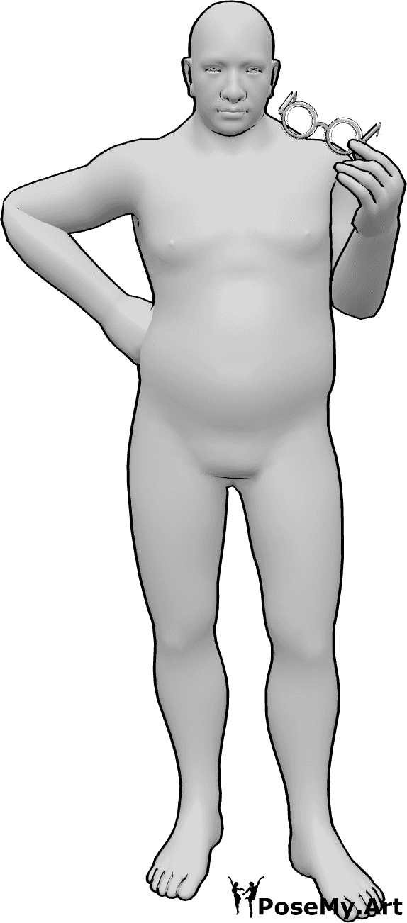 Référence des poses- Pose avec lunettes - L'homme trapu se tient debout, la main droite sur la hanche et tenant ses lunettes dans la main gauche.