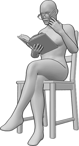 Posen-Referenz- Lesebrillen-Pose - Frau sitzt und liest ein Buch, trägt eine Brille