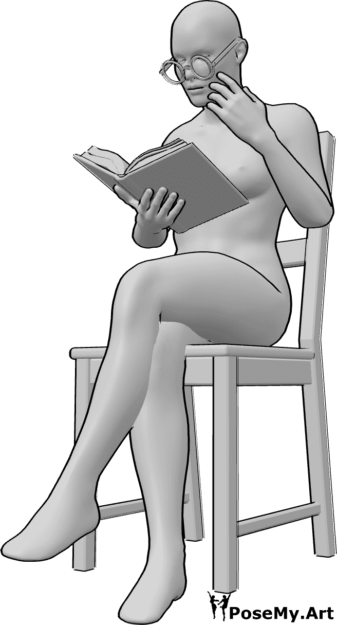 Référence des poses- Pose de lunettes de lecture - Femme assise et lisant un livre, portant des lunettes