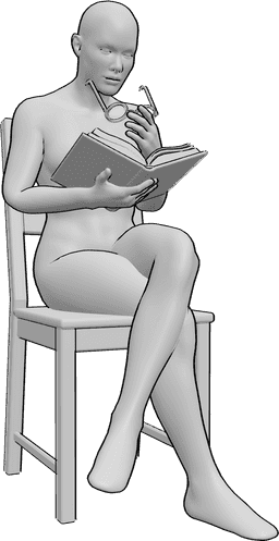 Référence des poses- Pose pour enlever les lunettes - Femme assise, tenant un livre et retirant ses lunettes tout en lisant.