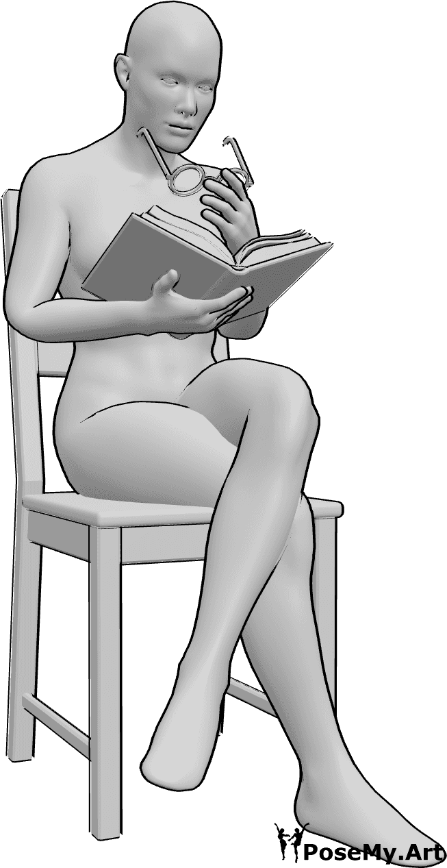 Posen-Referenz- Abnehmen der Brille Pose - Frau sitzt, hält ein Buch in der Hand und nimmt beim Lesen ihre Brille ab