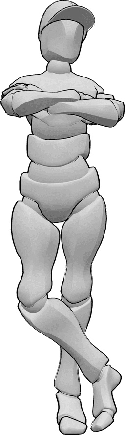 Posen-Referenz- Männliche Stehaufmännchen-Pose - Mann steht mit gekreuzten Armen und Beinen und trägt eine Baseballmütze