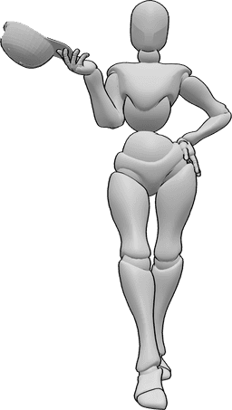 Pose Reference- Female holding cap pose - Female is standing with her left hand on her hip and holding a baseball cap in her right hand