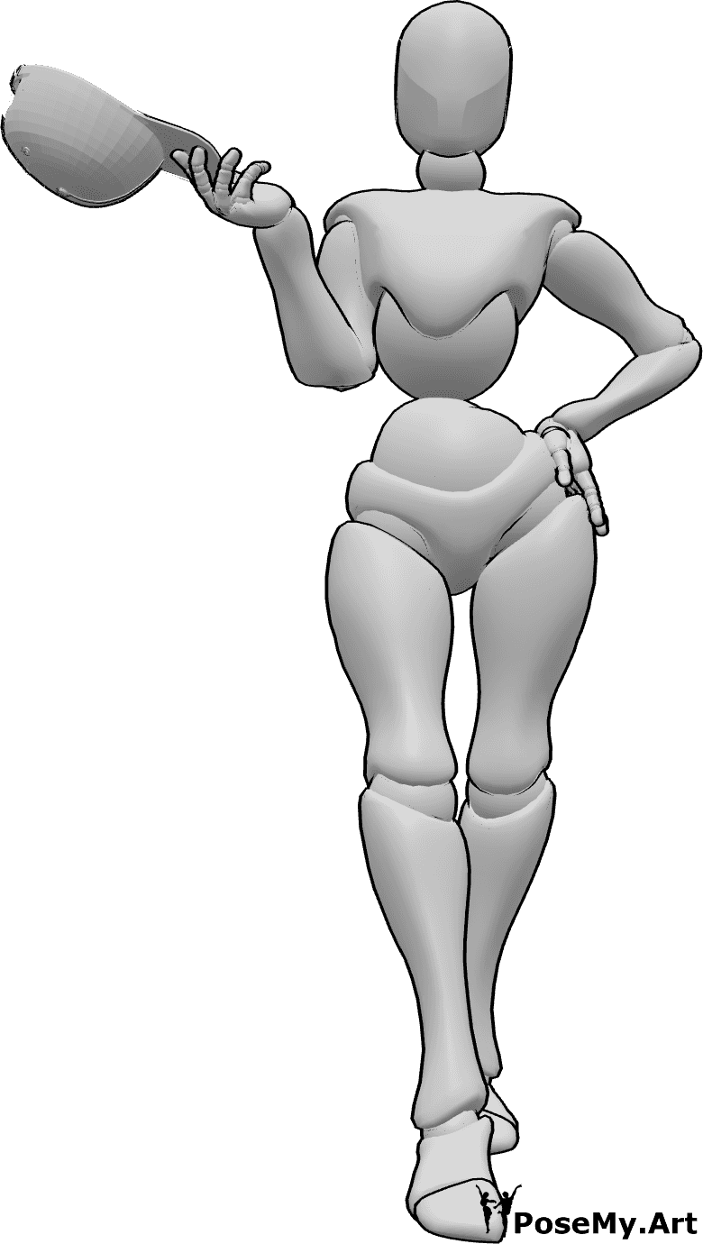 Pose Reference- Female holding cap pose - Female is standing with her left hand on her hip and holding a baseball cap in her right hand