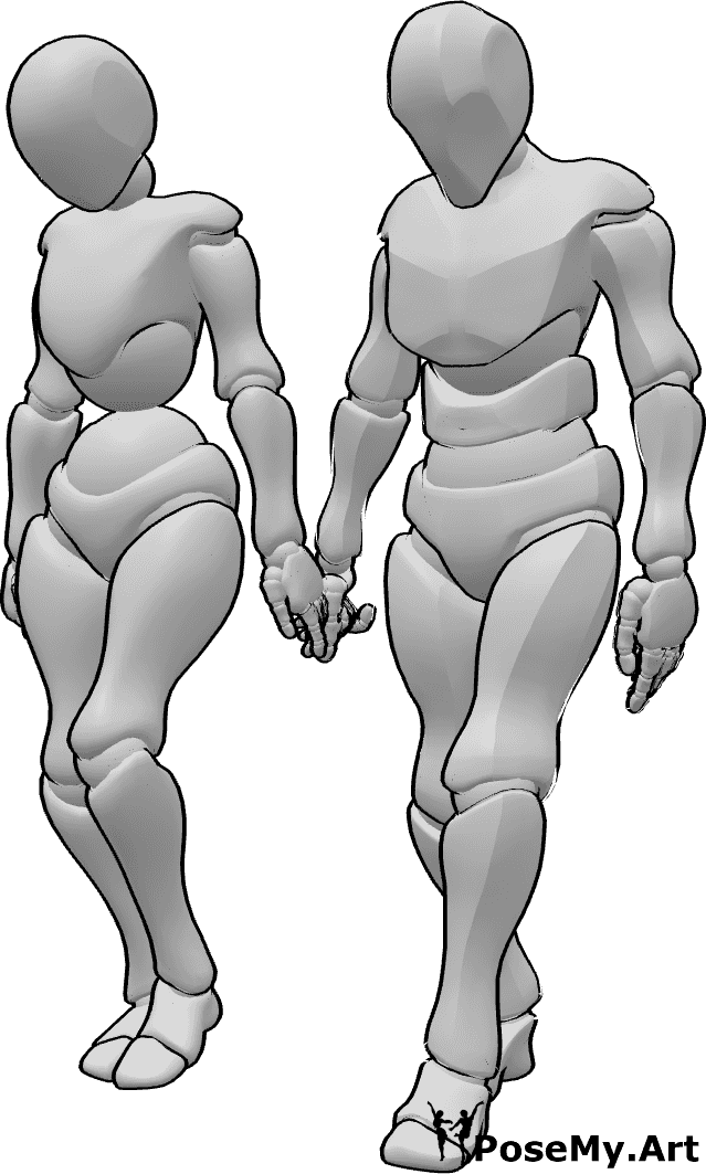 Riferimento alle pose- Posa femminile maschile a piedi - Donna triste e uomo triste che camminano insieme