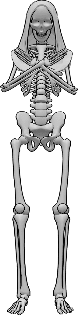 Référence des poses- Pose de la capuche du squelette - Squelette debout, les mains croisées, regardant vers le bas, portant une capuche médiévale.