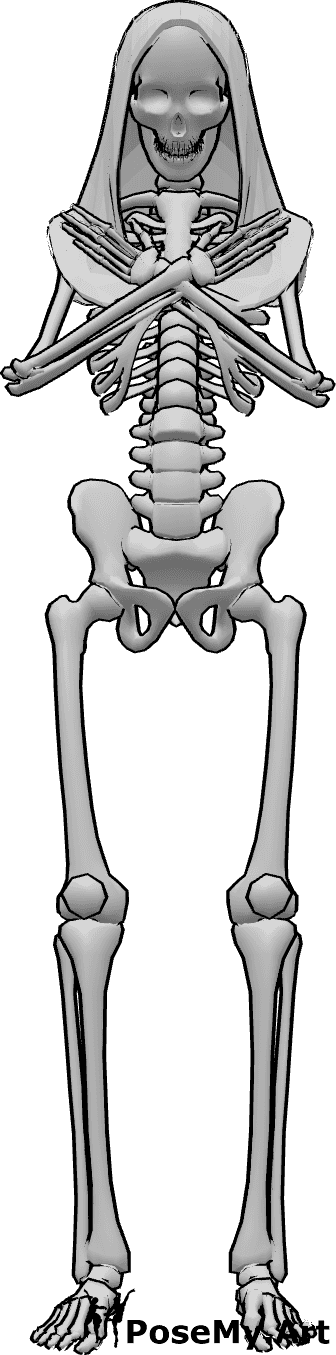 Posen-Referenz- Skelett-Hauben-Pose - Skelett steht mit gekreuzten Händen und blickt nach unten, trägt eine mittelalterliche Kapuze