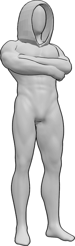 Riferimento alle pose- Posa di un maschio muscoloso incappucciato - Uomo muscoloso in piedi con le braccia incrociate, incappucciato.