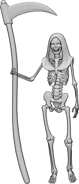 Référence des poses- Squelette, pose de la faux sur le capuchon - Squelette debout, tenant une faux de la main droite, vêtu d'une capuche médiévale.