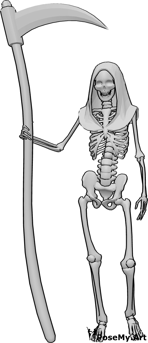 Referência de poses- Pose do capuz da foice de esqueleto - O esqueleto está de pé, segurando uma foice com a mão direita e usando um capuz medieval