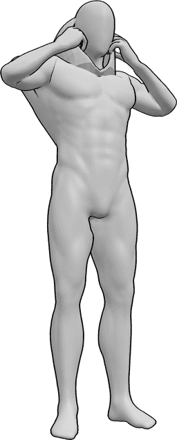Referência de poses- Pose de tirar o capuz - Homem musculado está de pé e tira o capuz, segurando-o com as duas mãos