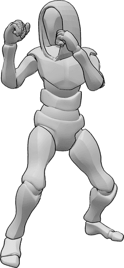 Référence des poses- Pose de boxe à la cagoule - Homme portant une cagoule, debout, en position de boxe, les mains serrées en poings.