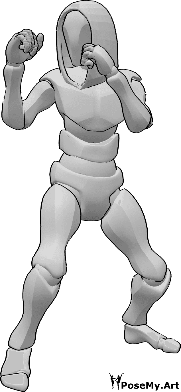 Referência de poses- Pose de boxe do capuz - Homem com capuz, em pose de pugilista, com as mãos fechadas em punhos