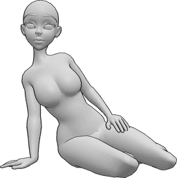 Posen-Referenz- Anime sitzende Bodenpose - Anime-Frau sitzt auf dem Boden, stützt sich auf ihre rechte Hand und schaut nach vorne
