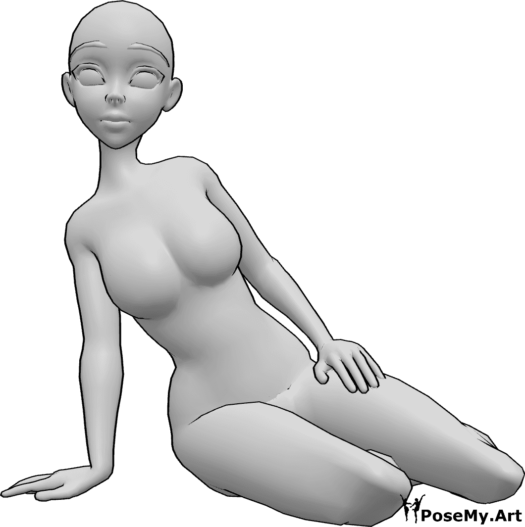Referencia de poses- Postura anime sentada en el suelo - Mujer anime está sentada en el suelo, apoyada en su mano derecha y mirando hacia delante