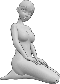 Référence des poses- Anime - pose assise sur les genoux - Une femme animée est assise sur ses genoux et regarde vers la droite, pose assise animée.