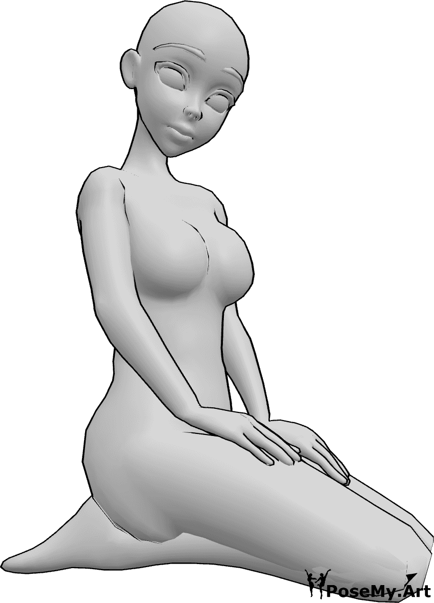 Posen-Referenz- Anime sitzende Kniestellung - Anime weiblich sitzt auf den Knien und schaut nach rechts, Anime sitzende Pose