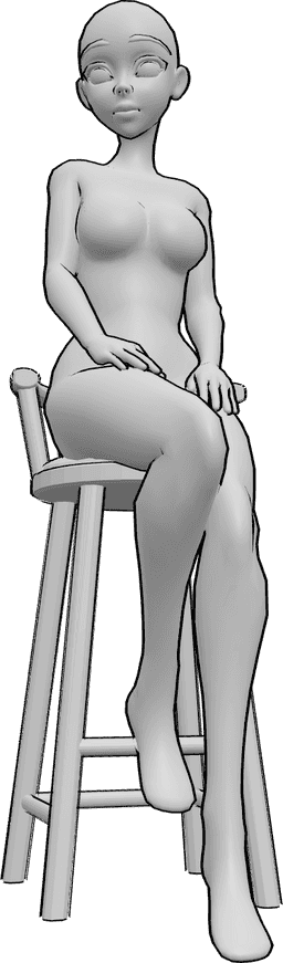 Référence des poses- Anime barstool sitting pose - La femme animée est assise sur le tabouret de bar et regarde vers la droite.