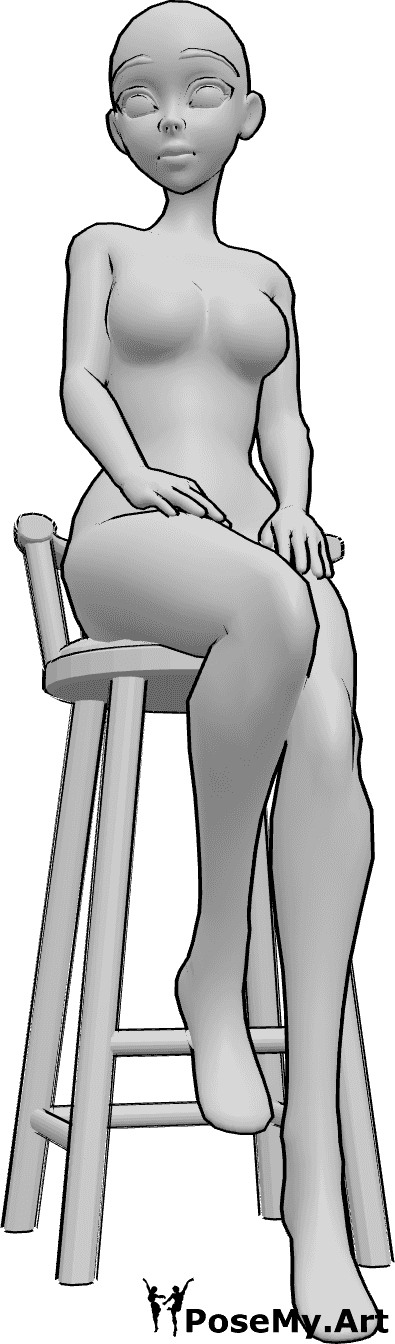 Référence des poses- Anime barstool sitting pose - La femme animée est assise sur le tabouret de bar et regarde vers la droite.