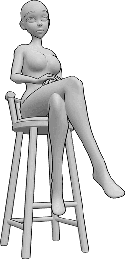 Referencia de poses- Postura sentada con las piernas cruzadas - La mujer anime está sentada en el taburete del bar con las piernas cruzadas y mirando al frente