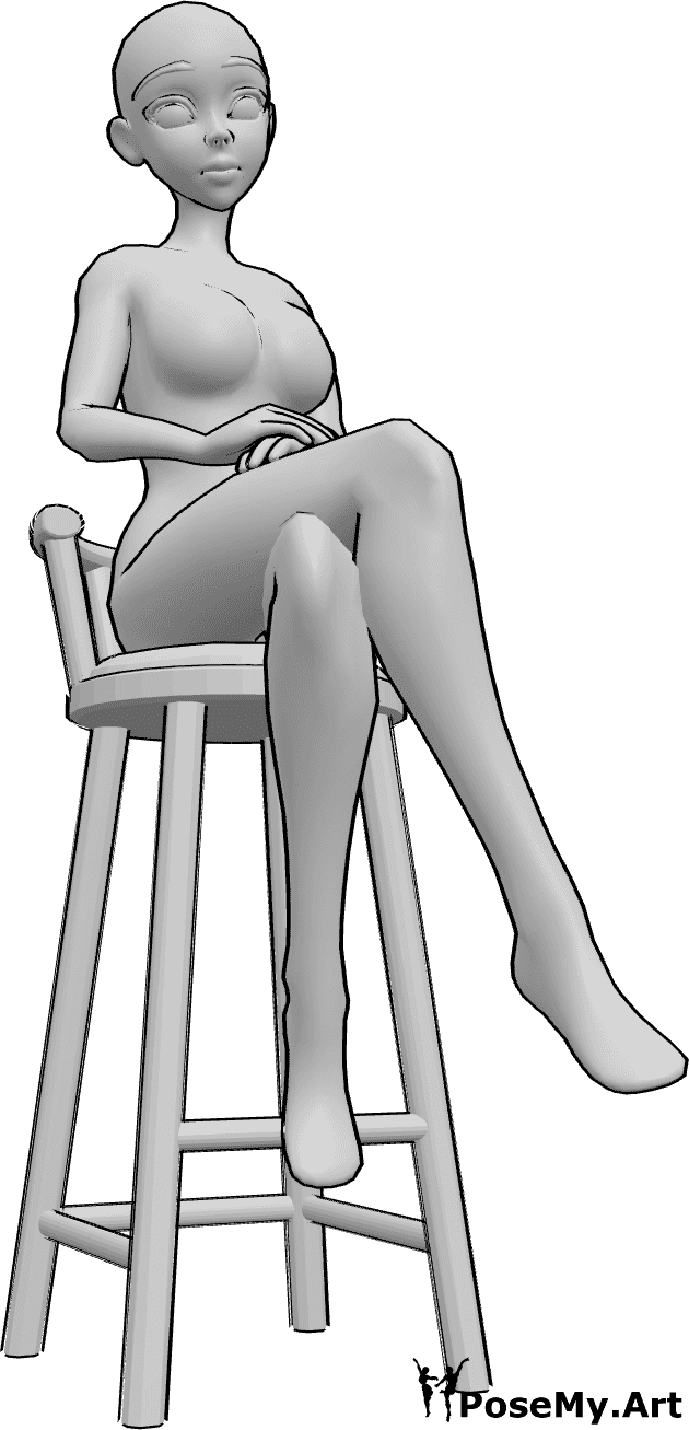 Référence des poses- Pose assise jambes croisées - La femme animée est assise sur le tabouret de bar, les jambes croisées et le regard tourné vers l'avant.