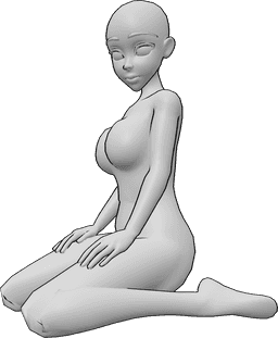 Référence des poses- Anime mignon assis - Une femme animée est assise dans une pose mignonne, agenouillée et regardant vers la gauche.